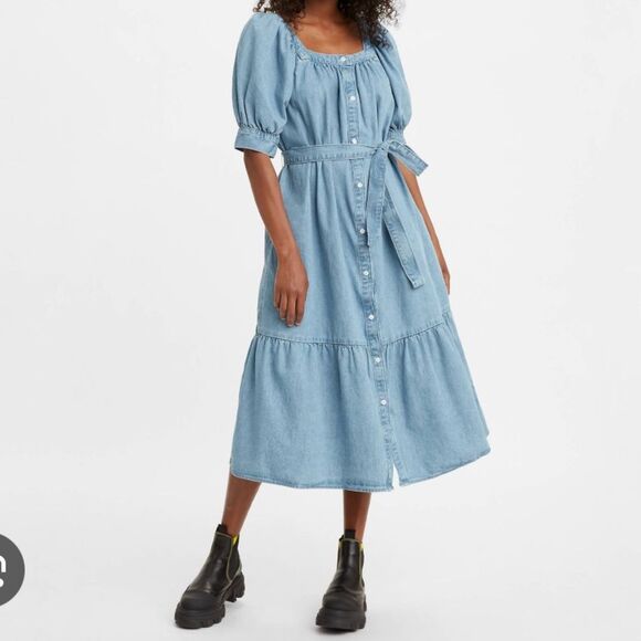 NWT Levi's Women's Midi Denim Shirt Dress Mika Balloon Short Sleeves - Picture 2 of 16